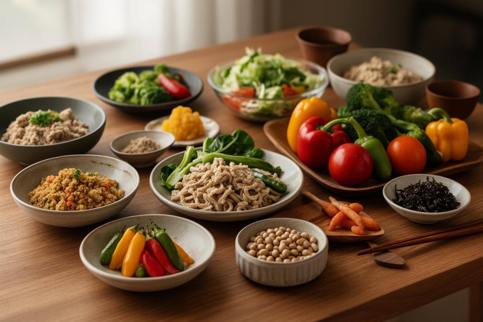 木製テーブルの上に並べられた、色とりどりの旬の野菜と大豆製品を中心としたモダンな日本式のプラントベースの食事