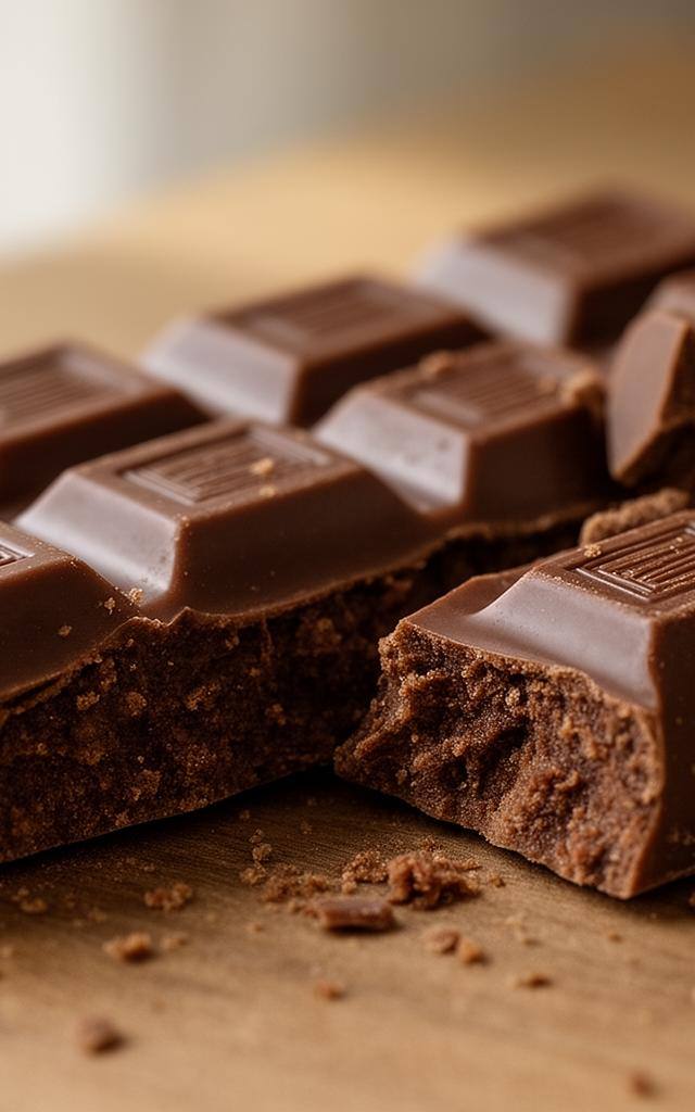 Close-up de uma barra de chocolate vegano premium sendo quebrada em um ambiente de iluminação natural suave.