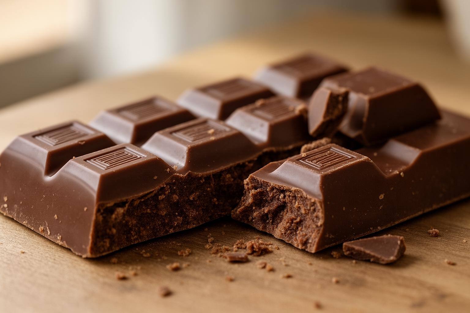 Close-up de uma barra de chocolate vegano premium sendo quebrada em um ambiente de iluminação natural suave.