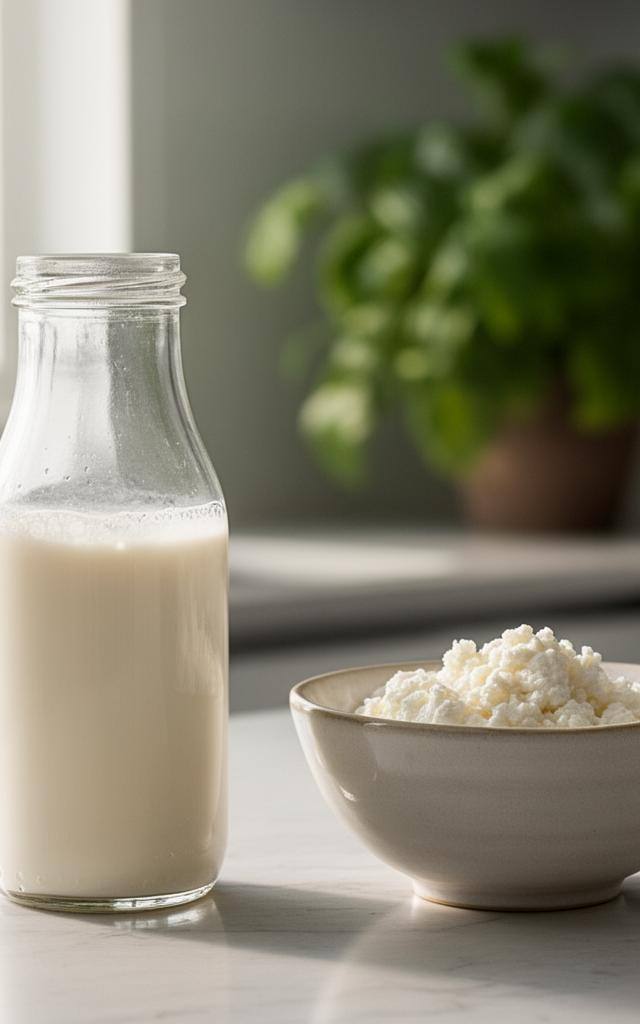 现代厨房桌面上摆放精准发酵乳蛋白质的玻璃瓶和乳制品，柔和晨光，环保氛围。