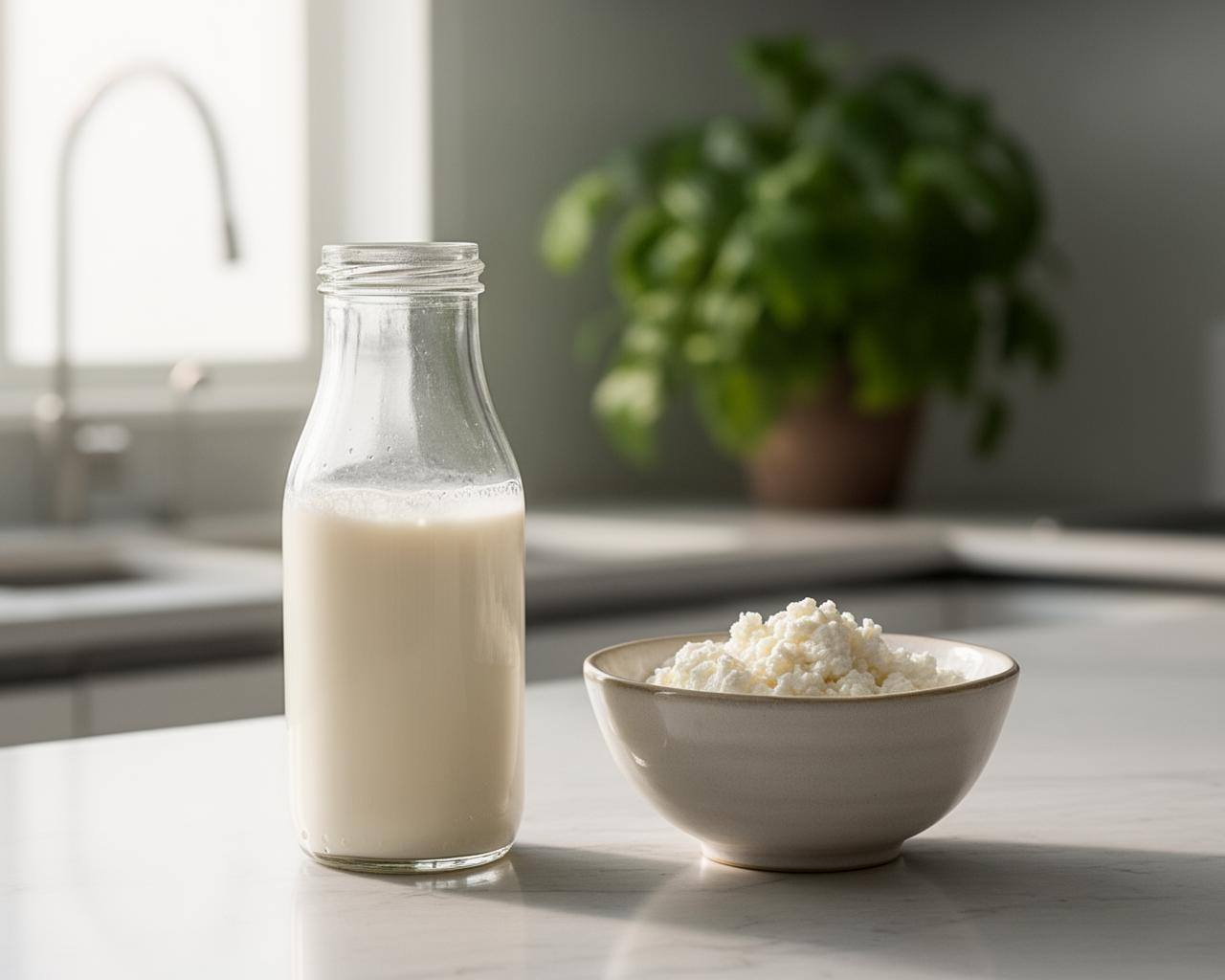 现代厨房桌面上摆放精准发酵乳蛋白质的玻璃瓶和乳制品,柔和晨光,环保氛围。