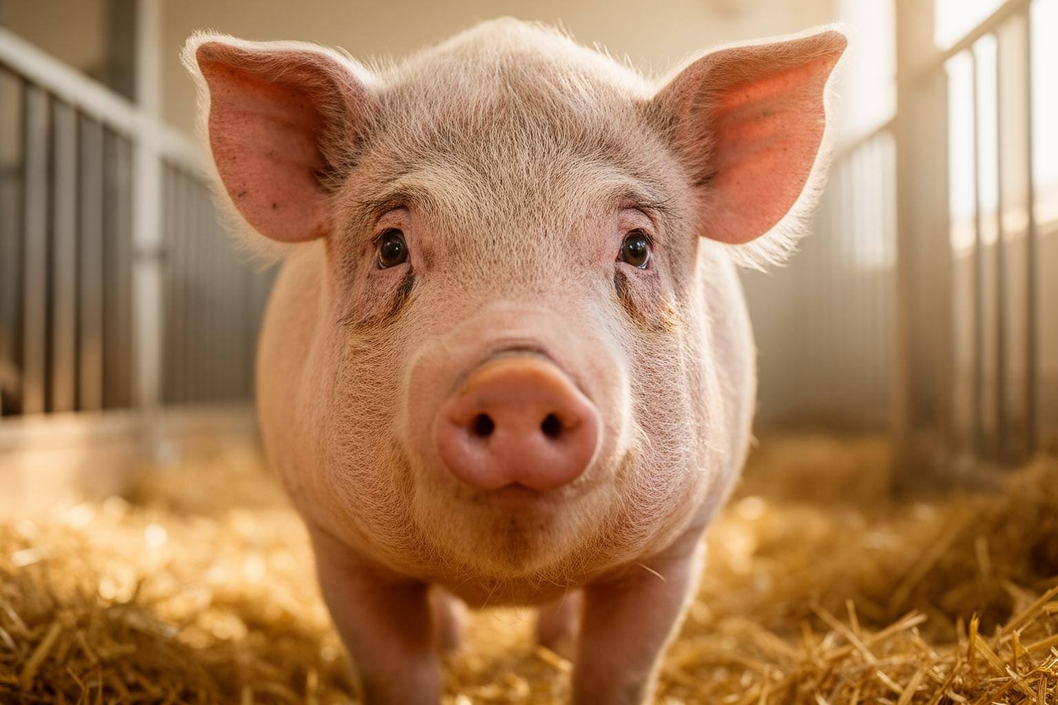 Neugieriges Schwein mit lebhaften Augen im Stroh – Symbol für seine erstaunliche Intelligenz.