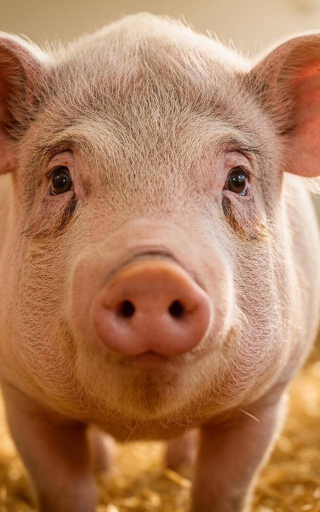 Neugieriges Schwein mit lebhaften Augen im Stroh – Symbol für seine erstaunliche Intelligenz.