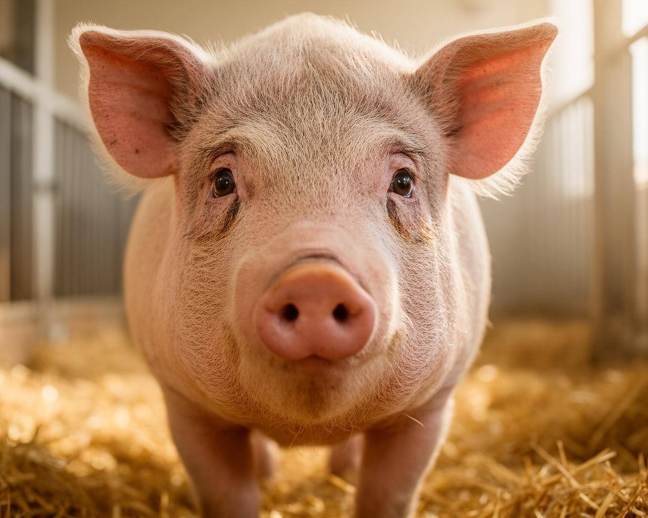 Neugieriges Schwein mit lebhaften Augen im Stroh – Symbol für seine erstaunliche Intelligenz.