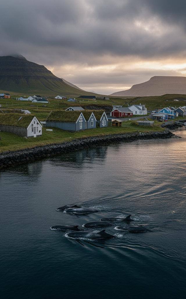 Aerial view of Faroese fjord where grind whale hunt quota is enforced, showing calm waters and village