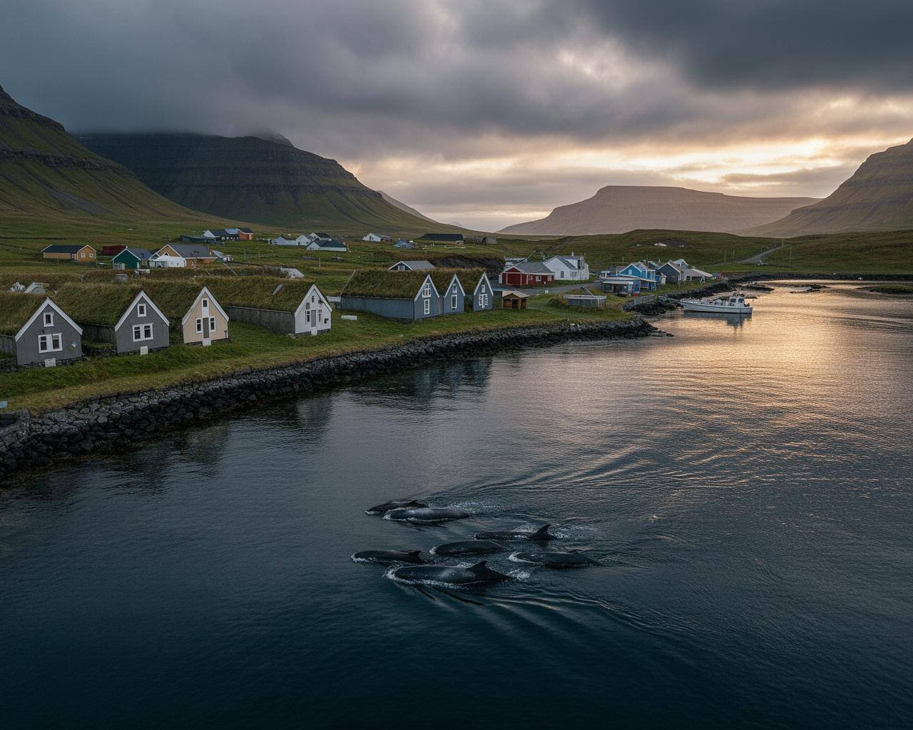 Aerial view of Faroese fjord where grind whale hunt quota is enforced, showing calm waters and village