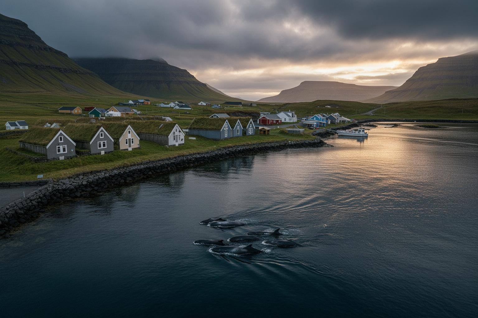 Aerial view of Faroese fjord where grind whale hunt quota is enforced, showing calm waters and village