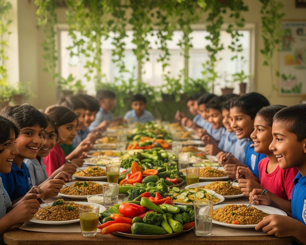 फ्रांस Egalim 3 स्कूल कैंटीन में सस्टेनेबल भोजन परोसते बच्चे