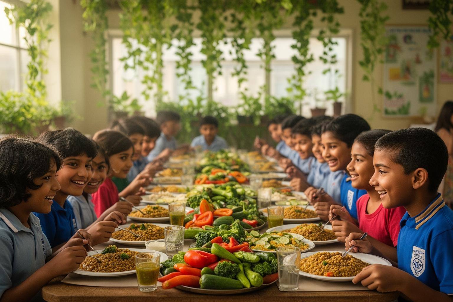 फ्रांस Egalim 3 स्कूल कैंटीन में सस्टेनेबल भोजन परोसते बच्चे
