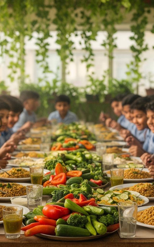 फ्रांस Egalim 3 स्कूल कैंटीन में सस्टेनेबल भोजन परोसते बच्चे