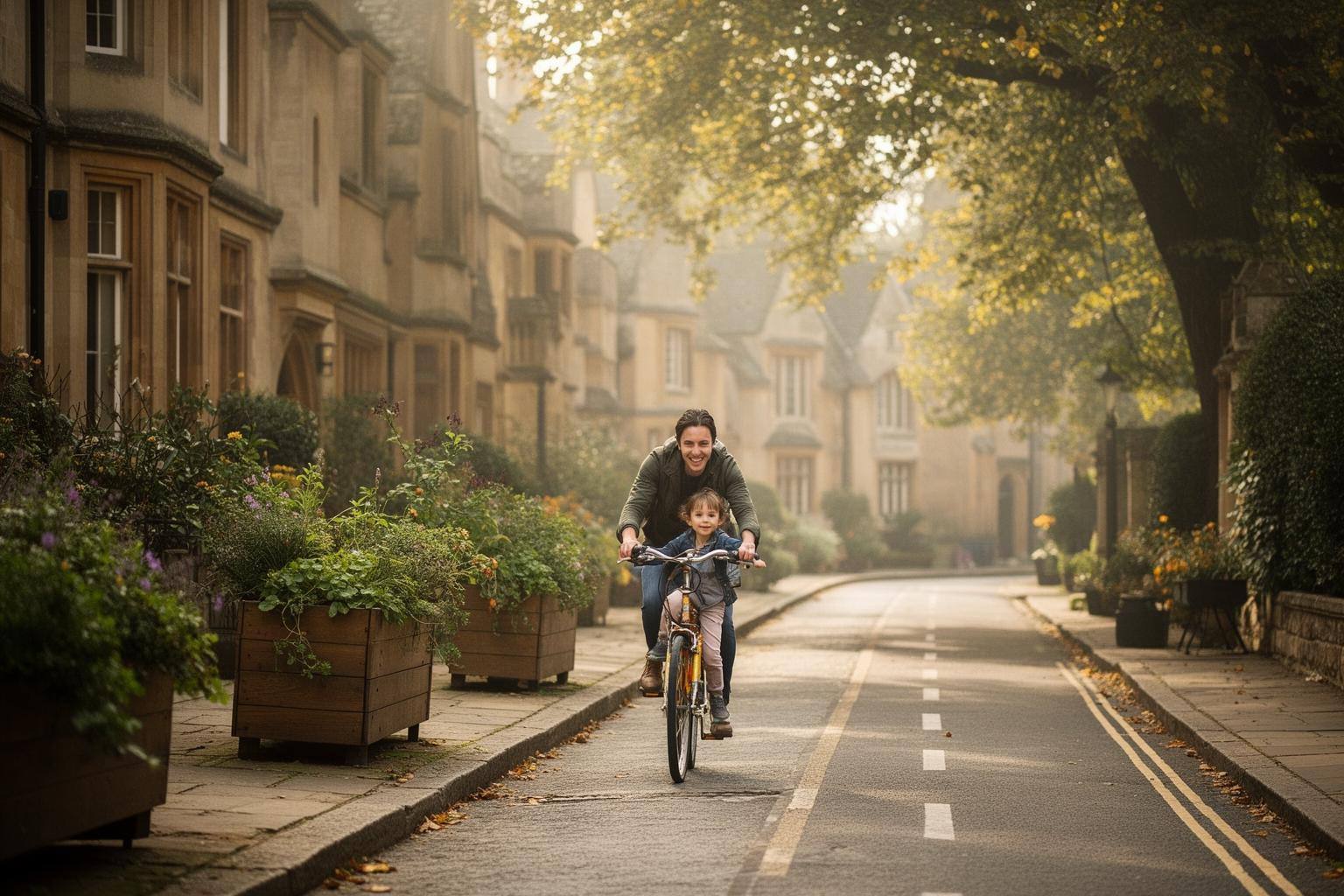 Oxford street with low traffic neighbourhood planters and a cyclist in morning light