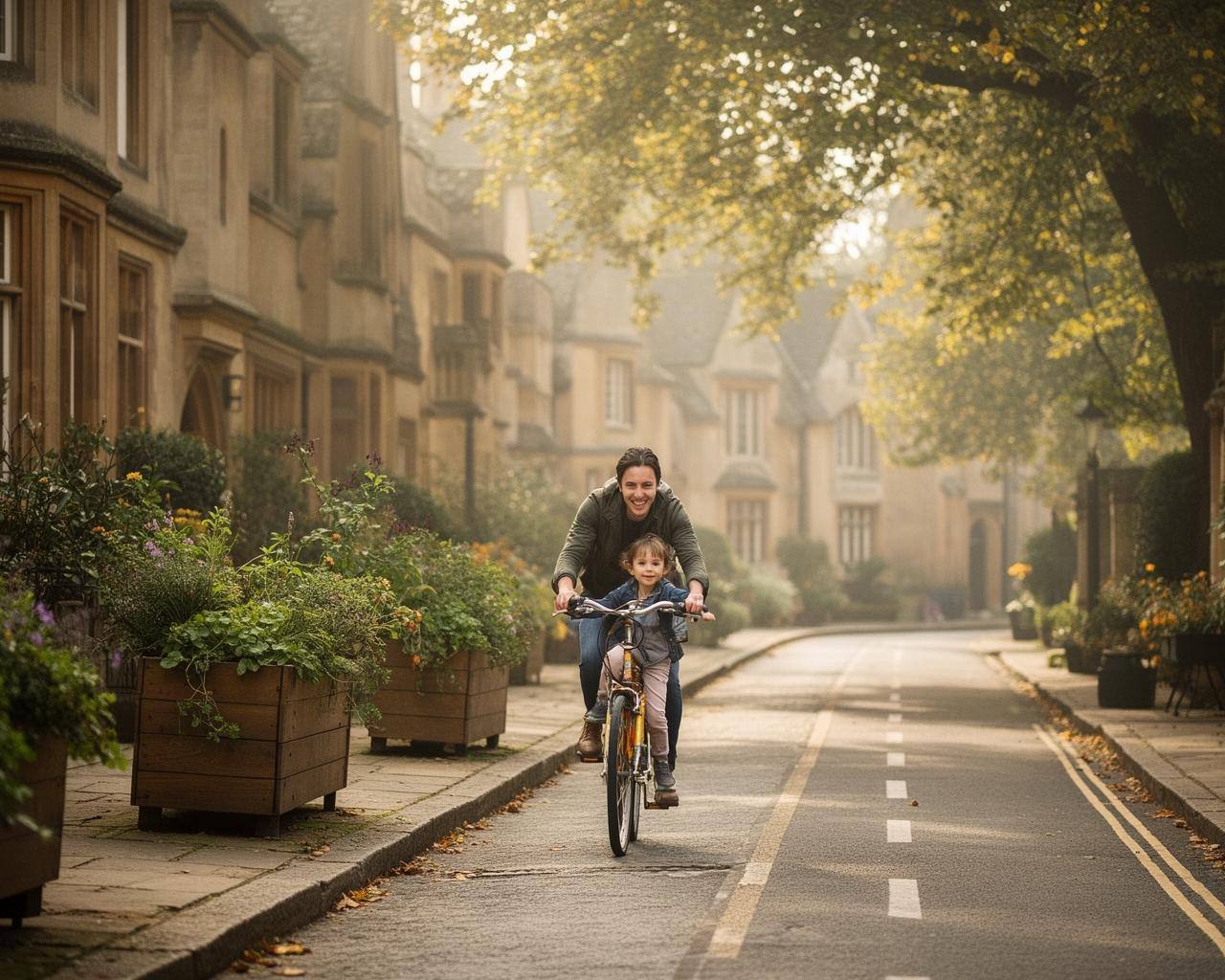 Oxford street with low traffic neighbourhood planters and a cyclist in morning light