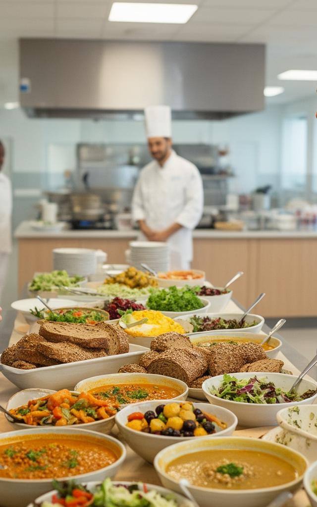 Pflanzliche Standardmahlzeiten in einem modernen Krankenhaus – buntes veganes Buffet mit Gemüse und Hülsenfrüchten