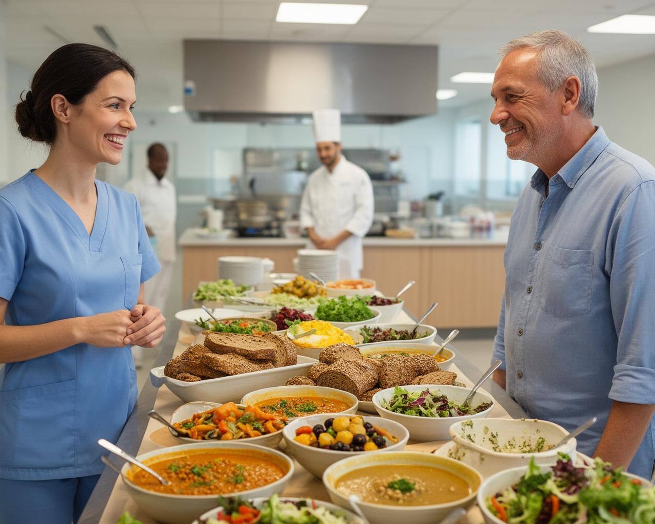 Pflanzliche Standardmahlzeiten in einem modernen Krankenhaus – buntes veganes Buffet mit Gemüse und Hülsenfrüchten