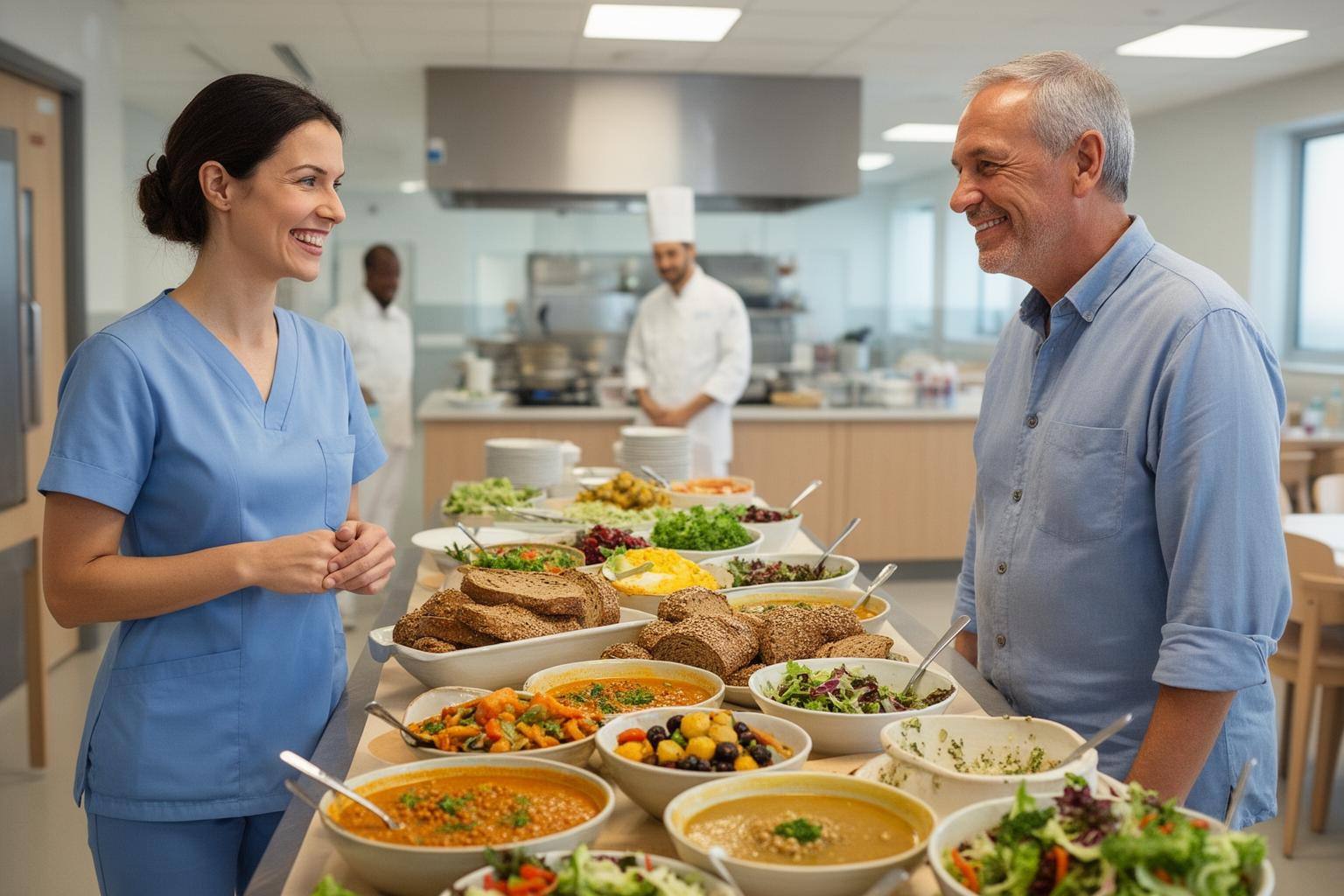 Pflanzliche Standardmahlzeiten in einem modernen Krankenhaus – buntes veganes Buffet mit Gemüse und Hülsenfrüchten