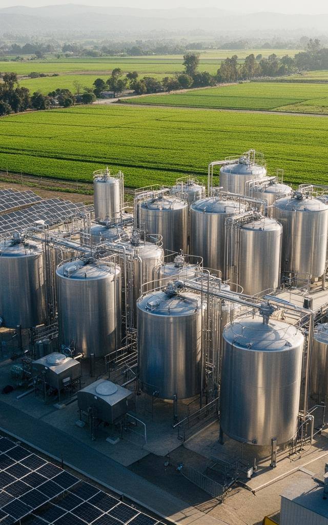 Vista aérea da planta piloto do Air Protein com tanques metálicos e painéis solares em San Jose