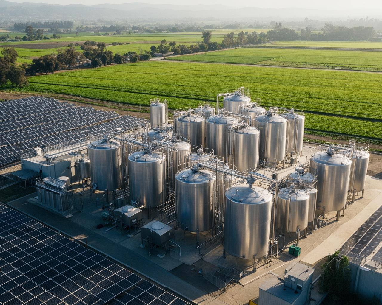 Vista aérea da planta piloto do Air Protein com tanques metálicos e painéis solares em San Jose