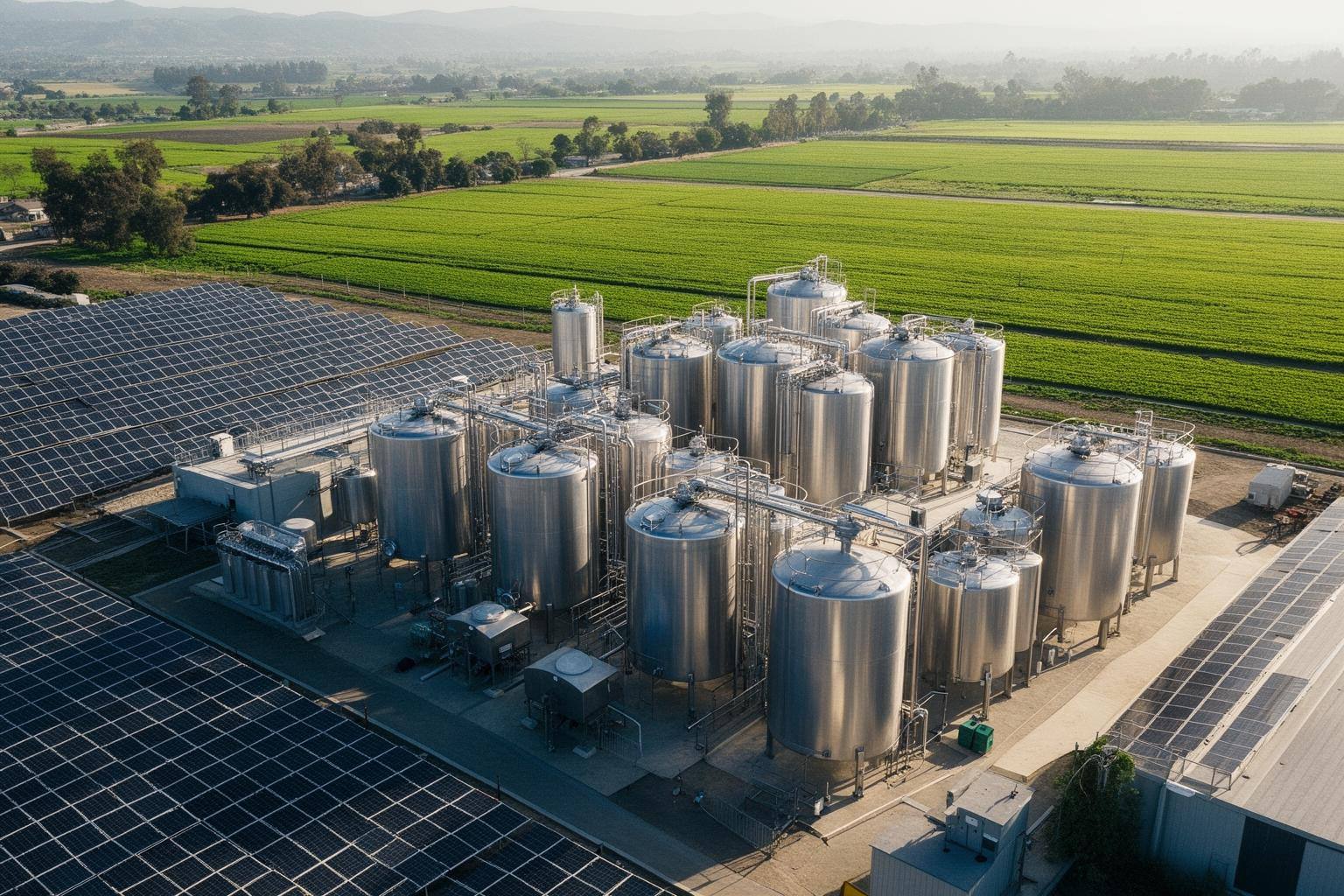 Vista aérea da planta piloto do Air Protein com tanques metálicos e painéis solares em San Jose