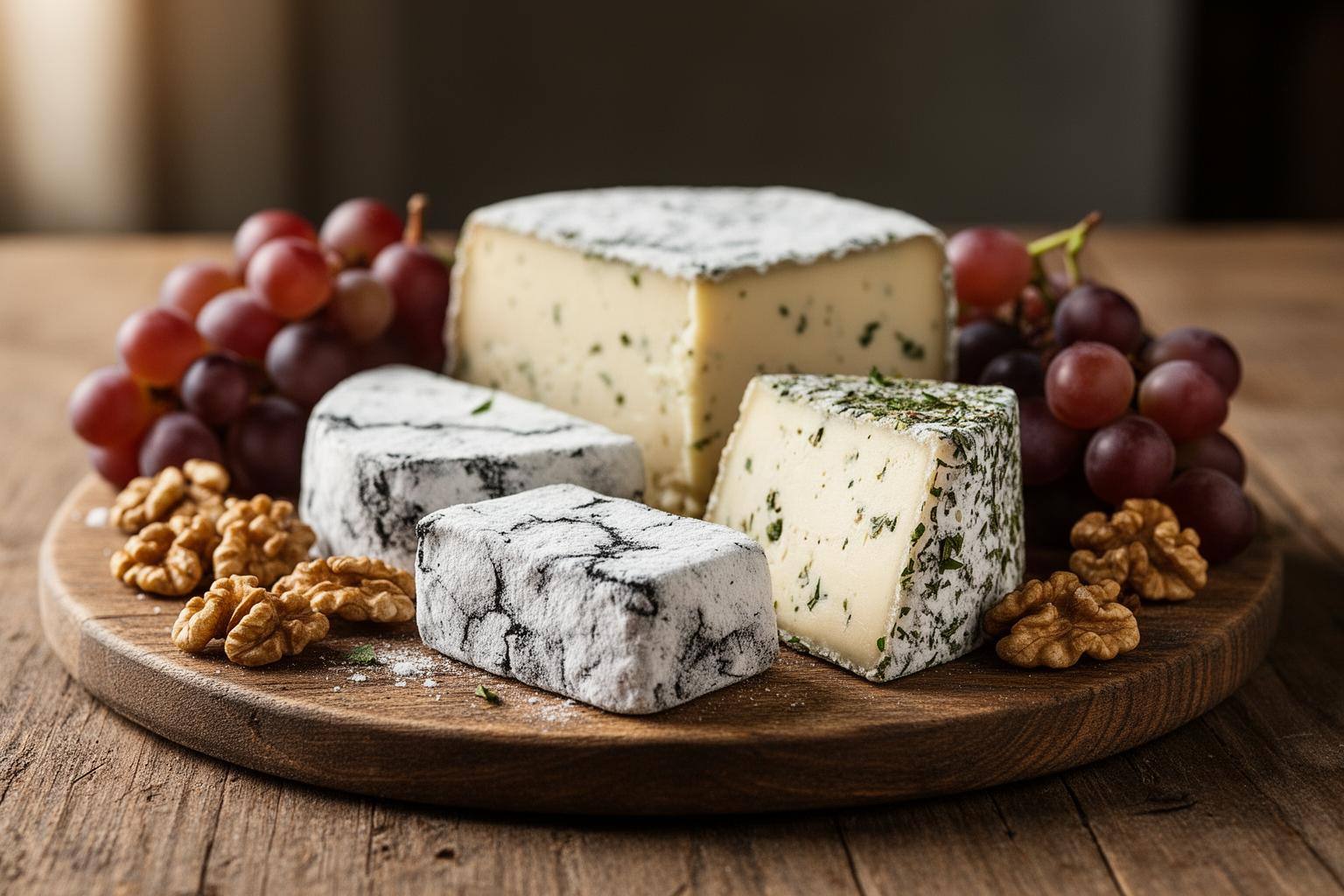 Planche de fromages végétaux français avec des noix et du raisin pour choisir la meilleure alternative végéenne au fromage en France