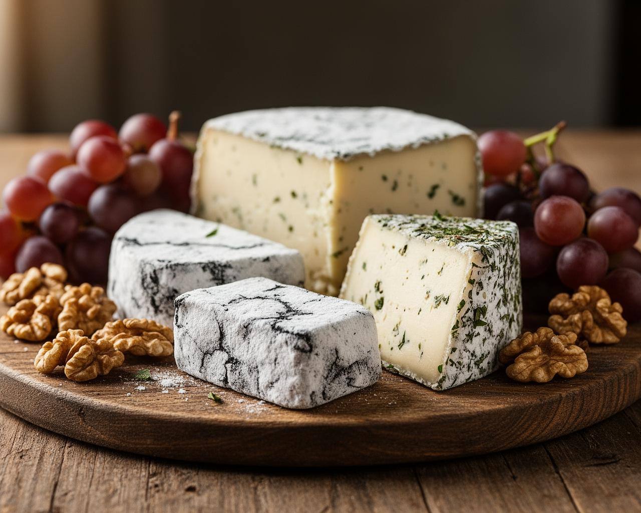 Planche de fromages végétaux français avec des noix et du raisin pour choisir la meilleure alternative végéenne au fromage en France