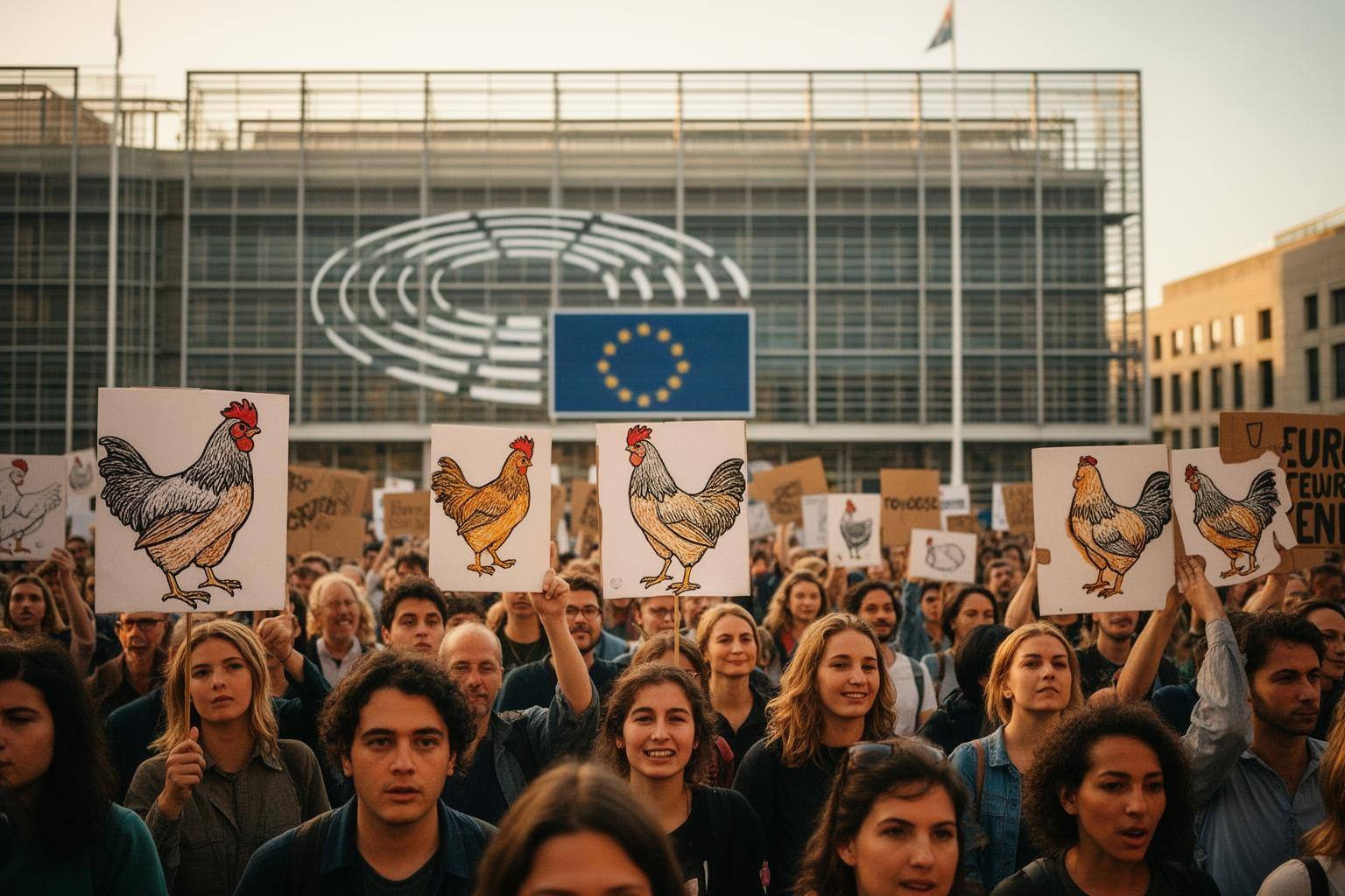 EU संसद के बाहर मुक्त-पिंजरा अंडों के लिए विरोध प्रदर्शन, हाथों में तख्तियां