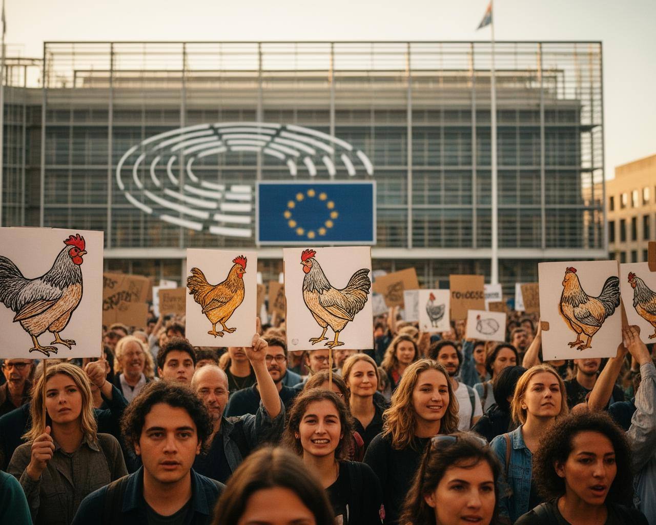 EU संसद के बाहर मुक्त-पिंजरा अंडों के लिए विरोध प्रदर्शन, हाथों में तख्तियां