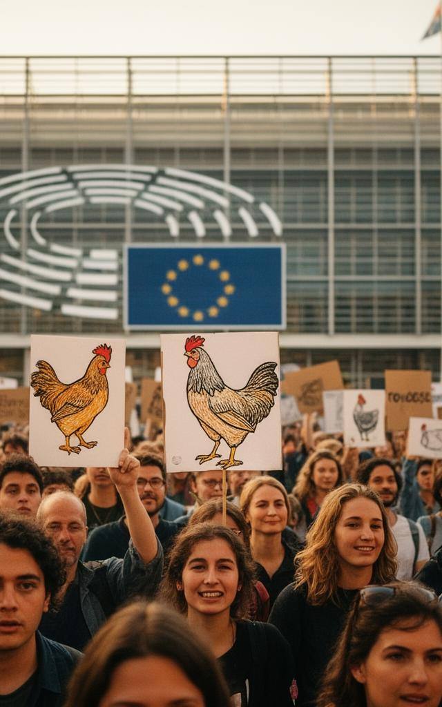 EU संसद के बाहर मुक्त-पिंजरा अंडों के लिए विरोध प्रदर्शन, हाथों में तख्तियां