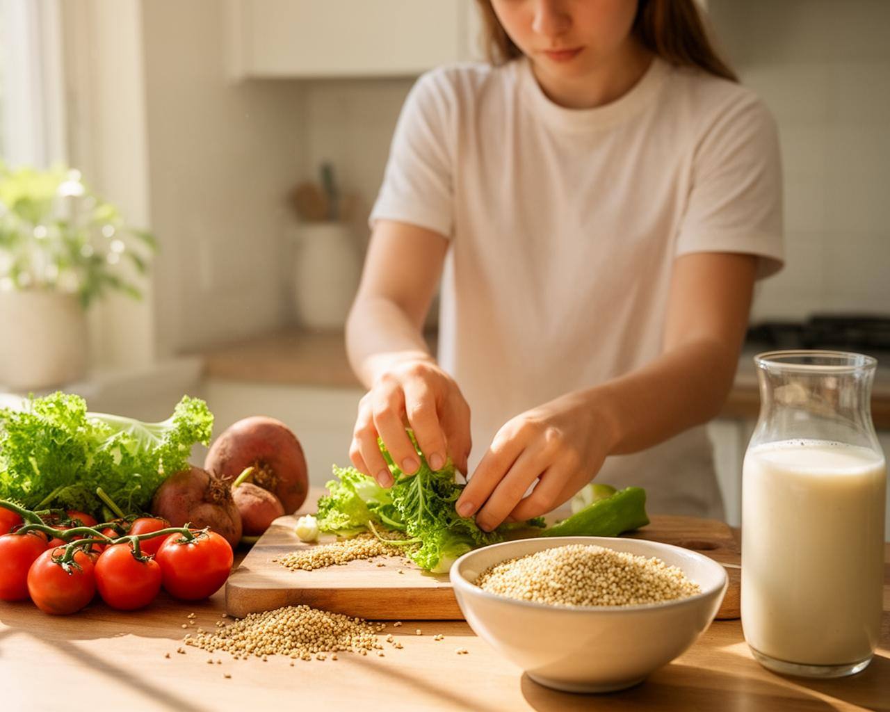 Glutenfreies veganes Kochen für Einsteiger: Frische Zutaten auf einem Holztisch