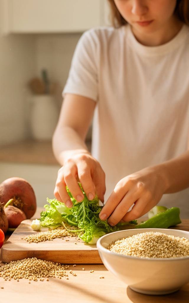 Glutenfreies veganes Kochen für Einsteiger: Frische Zutaten auf einem Holztisch