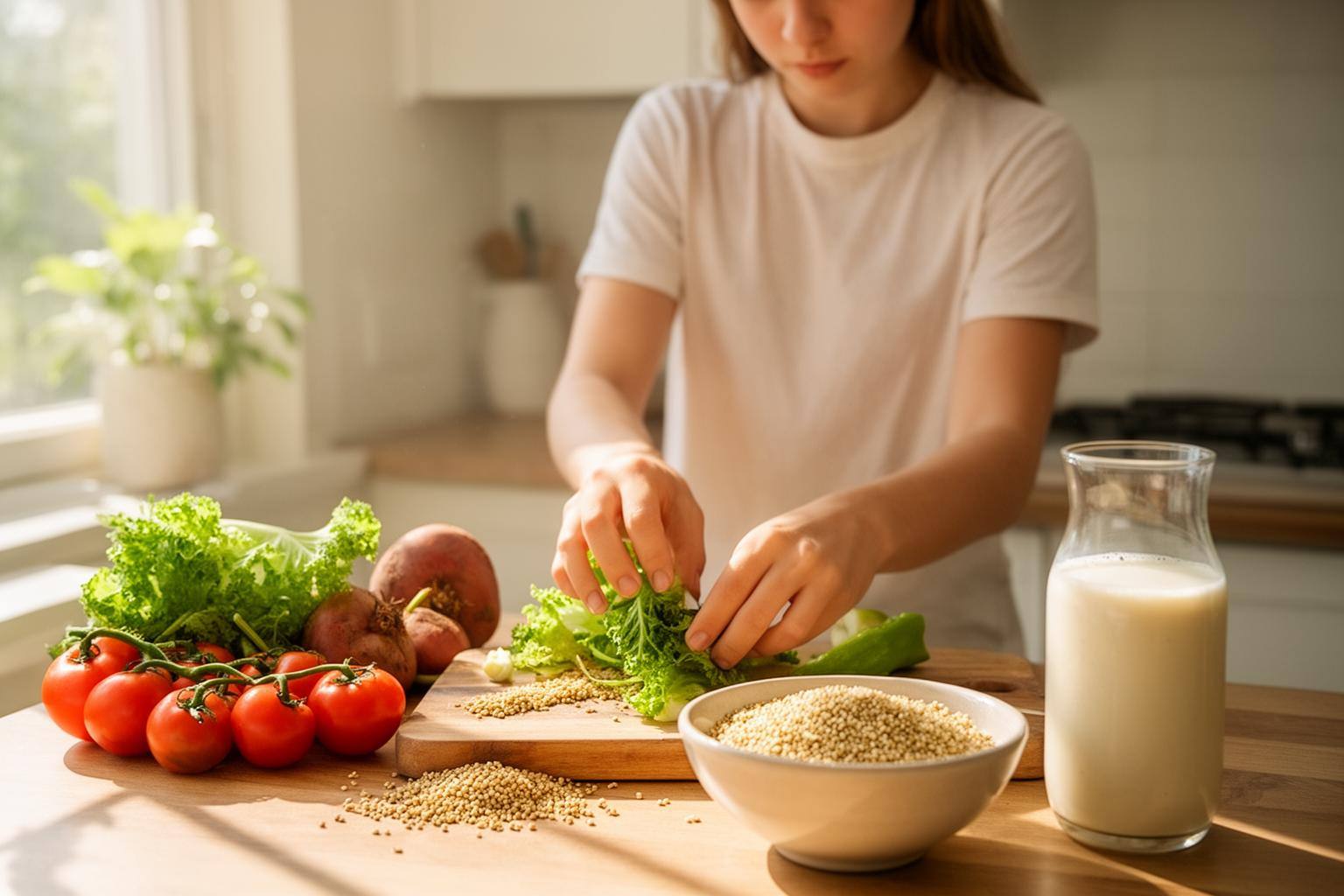 Glutenfreies veganes Kochen für Einsteiger: Frische Zutaten auf einem Holztisch