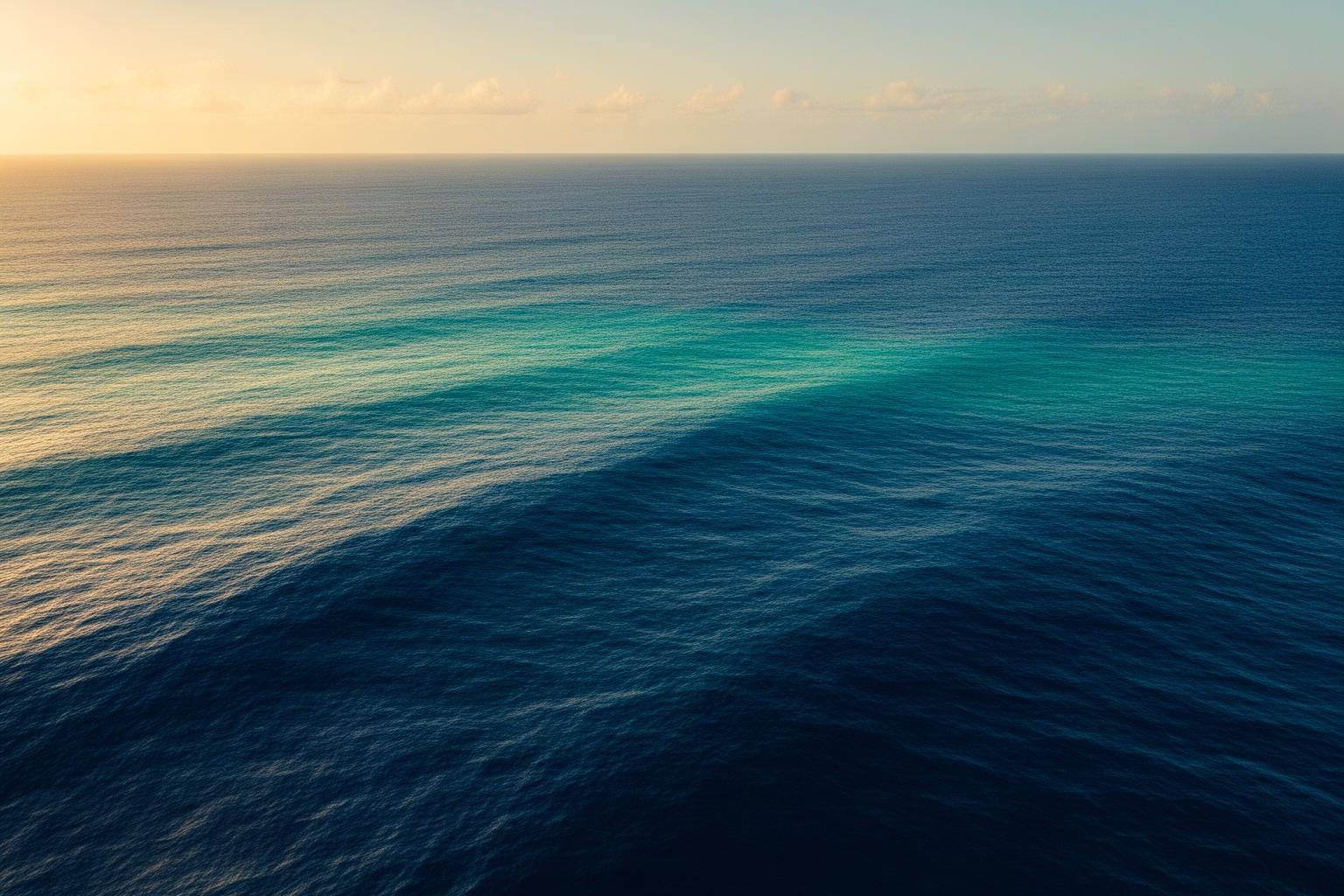 Océano azul profundo al amanecer, reflejando la esperanza del Tratado de Alta Mar BBNJ