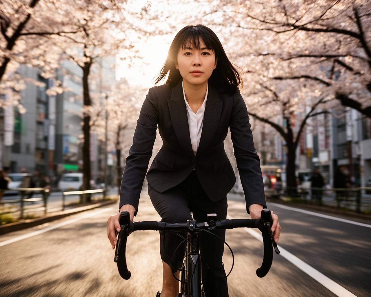 スーツ姿の人が桜並木を自転車通勤する朝の東京