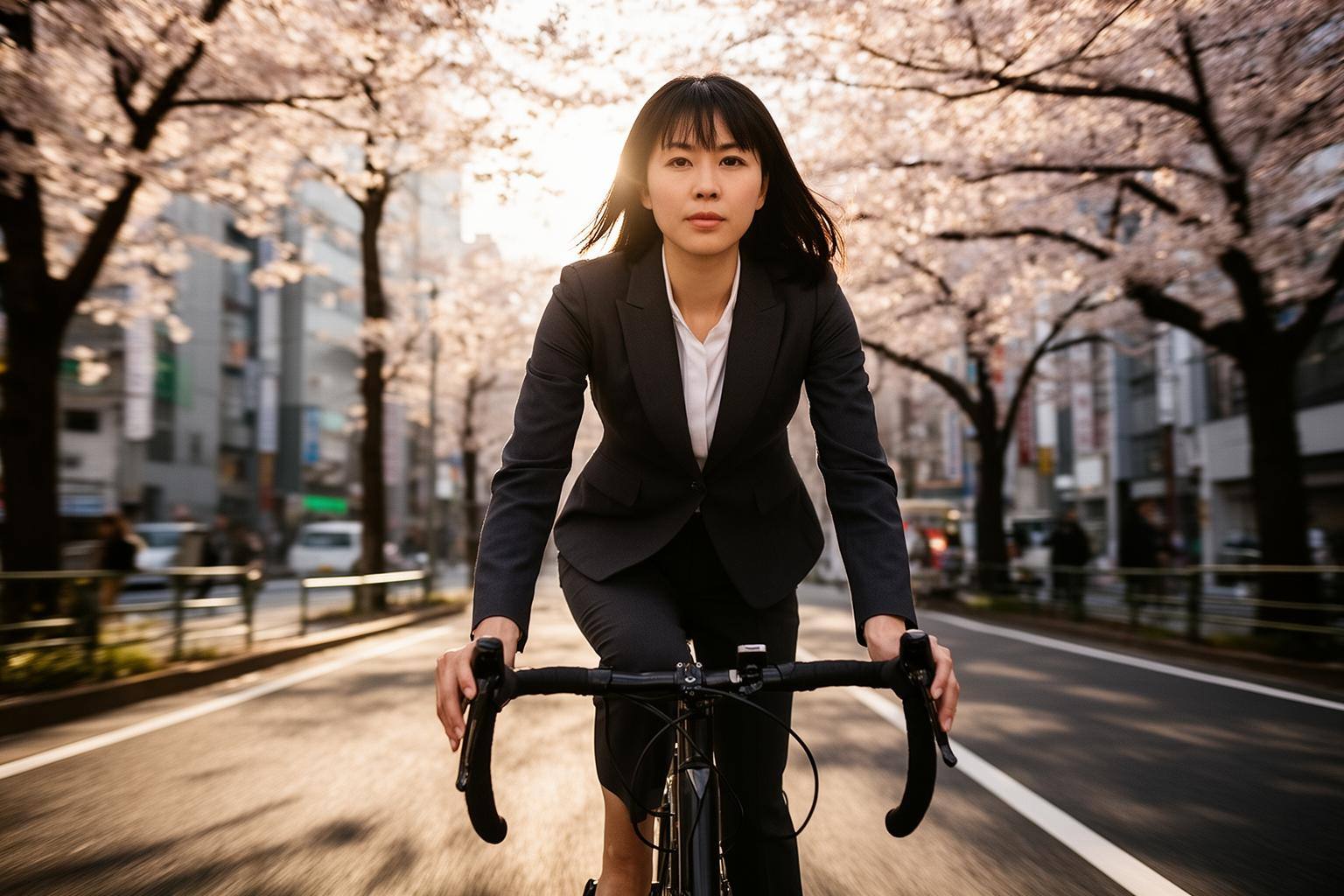スーツ姿の人が桜並木を自転車通勤する朝の東京