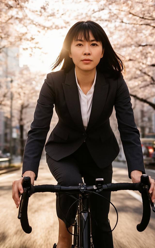 スーツ姿の人が桜並木を自転車通勤する朝の東京
