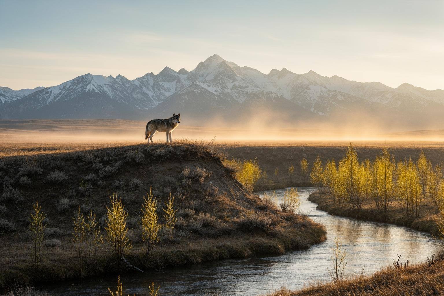 Loup gris dans la vallée de Lamar à Yellowstone, parc national, avec saules en régénération