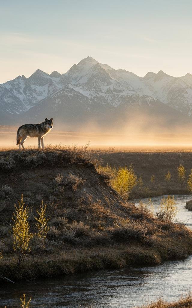 Loup gris dans la vallée de Lamar à Yellowstone, parc national, avec saules en régénération