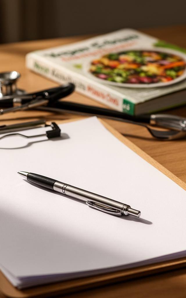 Clinician reviewing a vegan patient's food diary with a green smoothie on the desk – vegan eating disorder risks assessment.