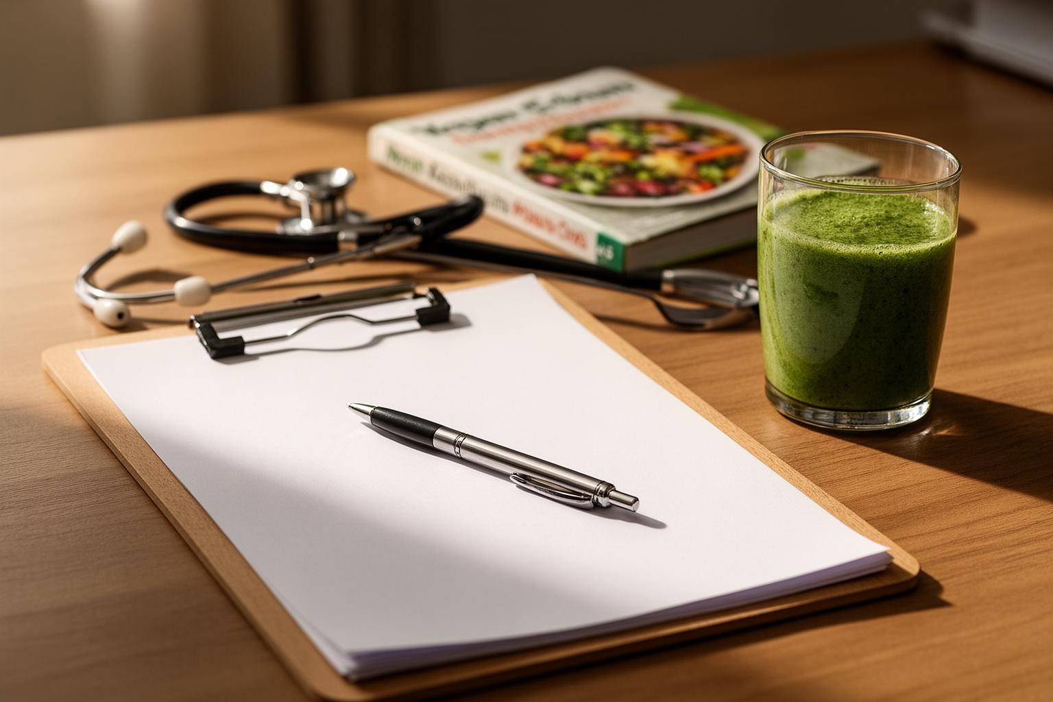 Clinician reviewing a vegan patient's food diary with a green smoothie on the desk – vegan eating disorder risks assessment.