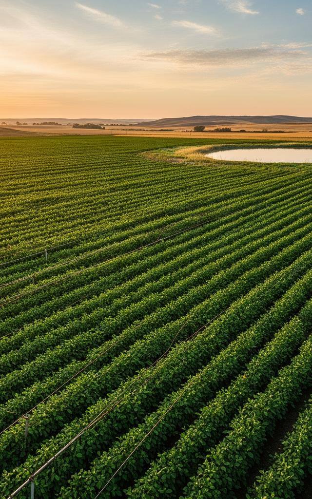 Field of pea plants in Montana, best plant-based protein water footprint, sunrise irrigation