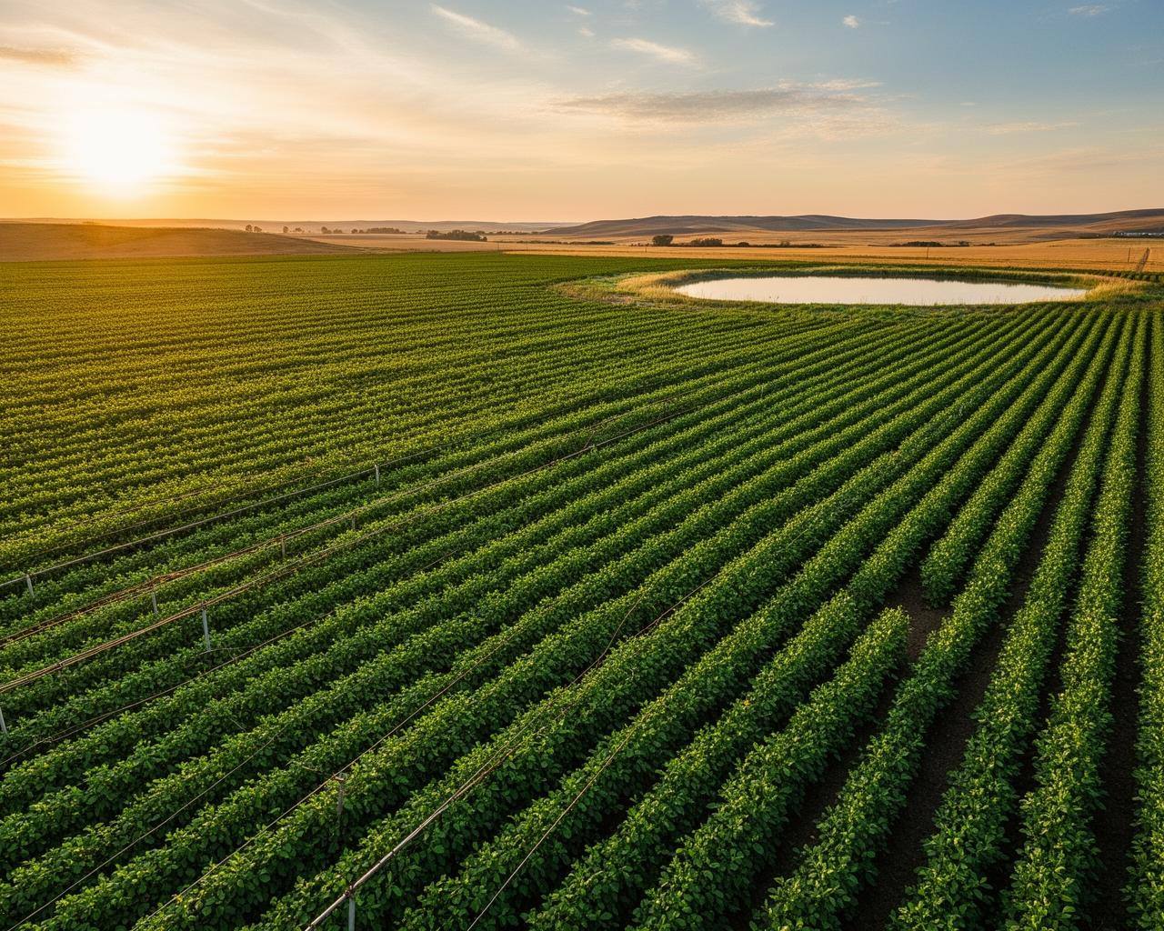 Field of pea plants in Montana, best plant-based protein water footprint, sunrise irrigation
