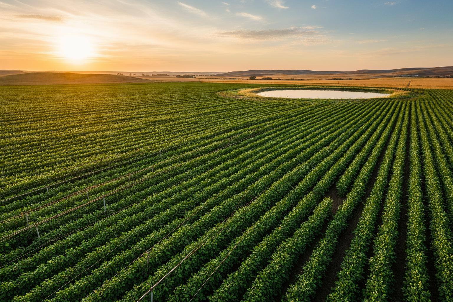 Field of pea plants in Montana, best plant-based protein water footprint, sunrise irrigation
