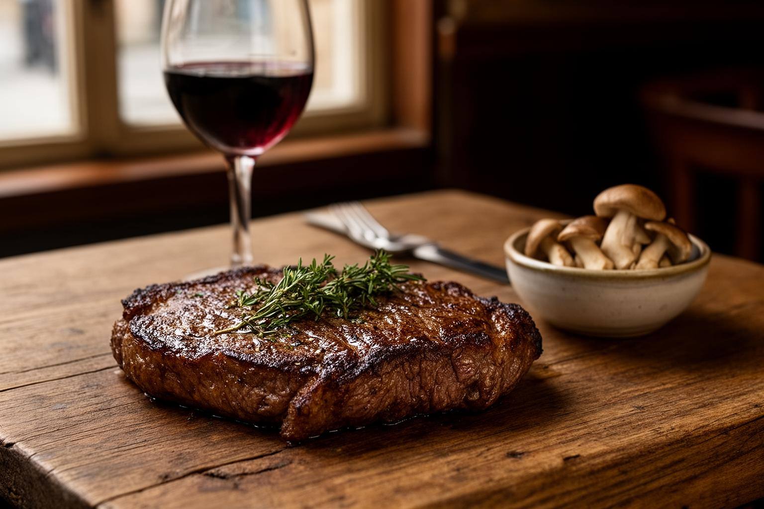 Steak de mycoprotéine whole-cut grillé au mycelium sur une table de bistrot français, élégant et appétissant.