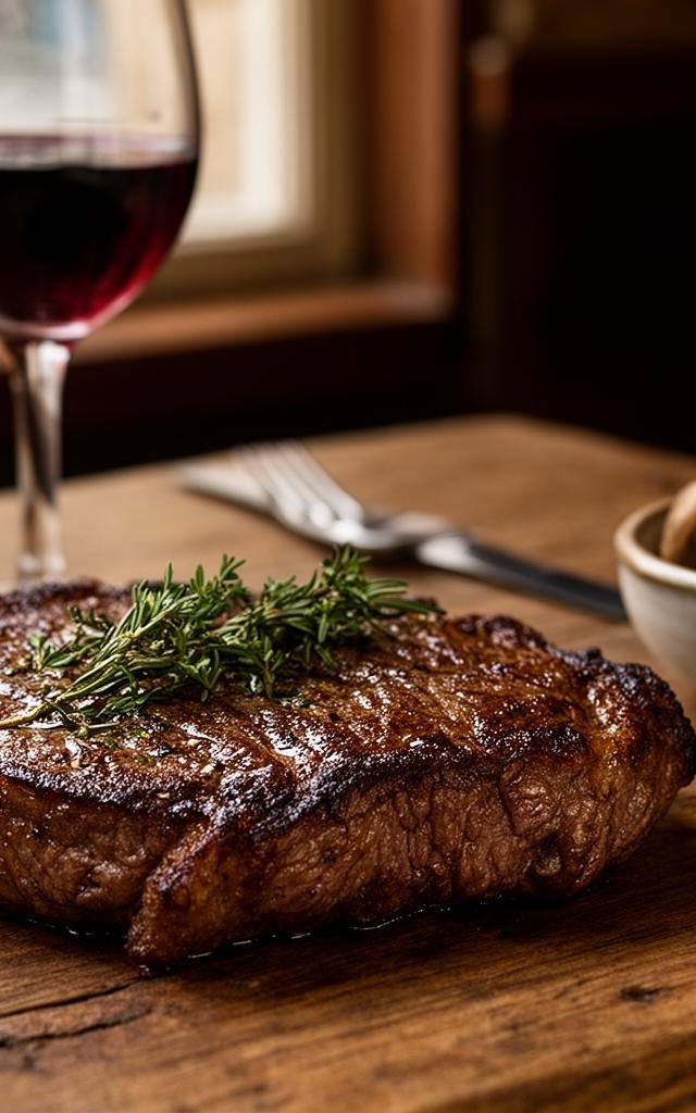 Steak de mycoprotéine whole-cut grillé au mycelium sur une table de bistrot français, élégant et appétissant.