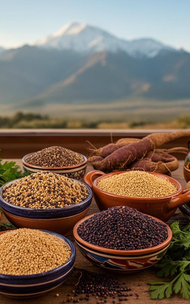 Bowls de quínoa, amaranto y maíz morado en una mesa de madera, cocina vegana argentina