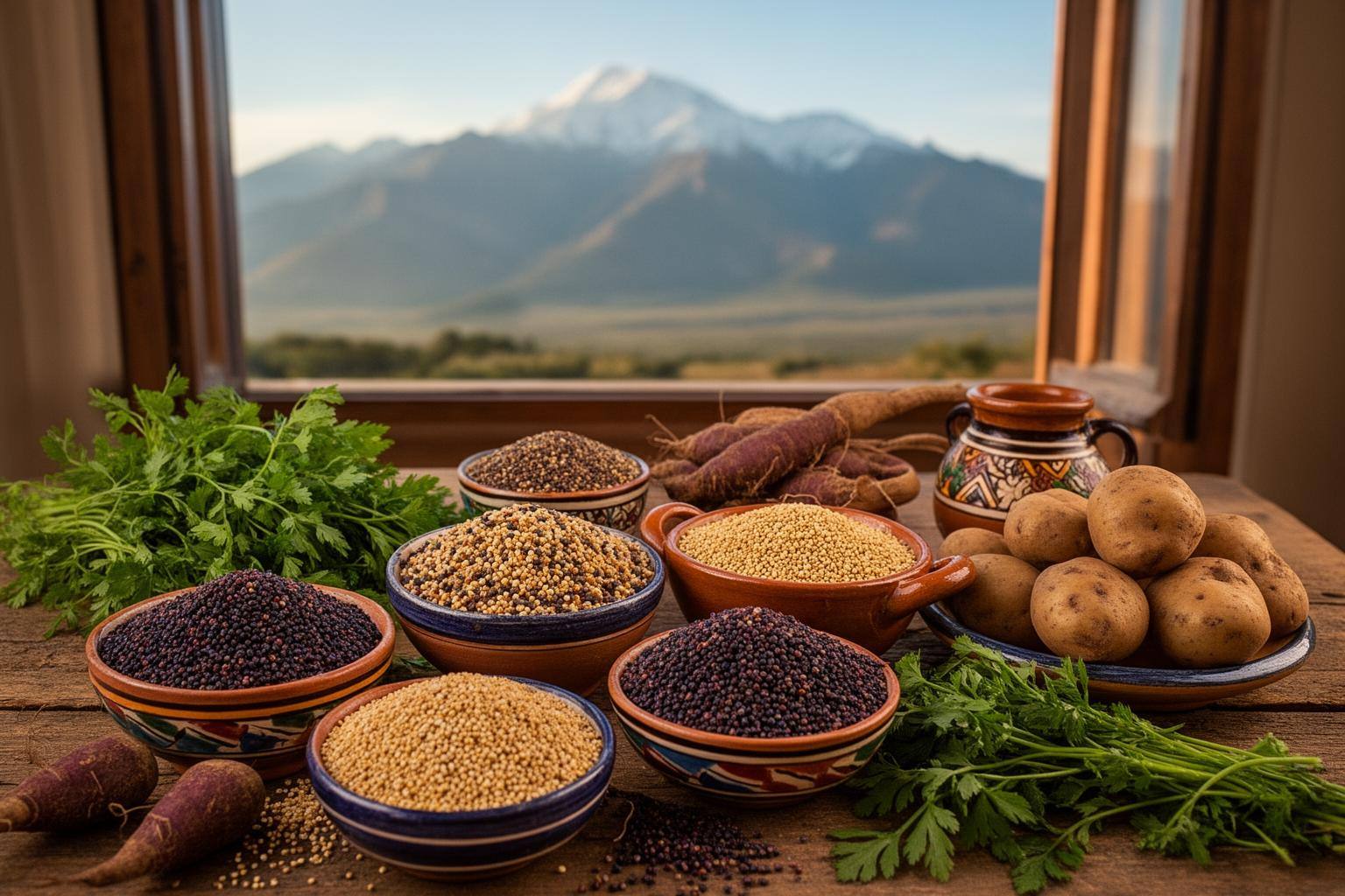 Bowls de quínoa, amaranto y maíz morado en una mesa de madera, cocina vegana argentina