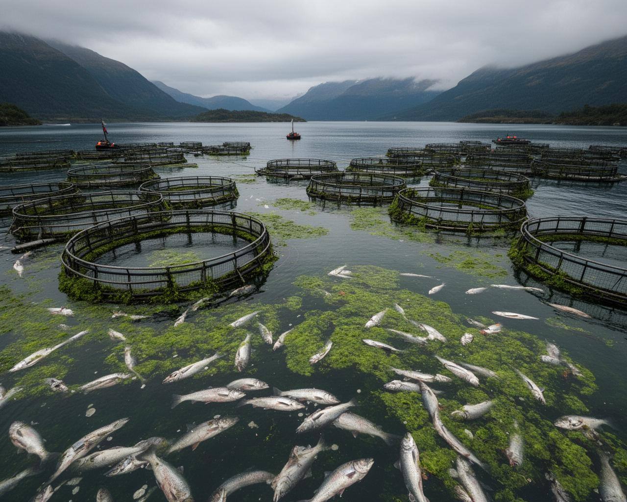 Mortandad de salmones en Chile por algas: granja acuícola en la Patagonia con algas visibles en el agua.