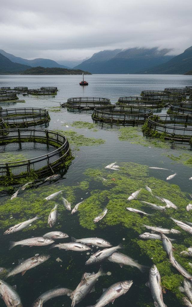 Mortandad de salmones en Chile por algas: granja acuícola en la Patagonia con algas visibles en el agua.