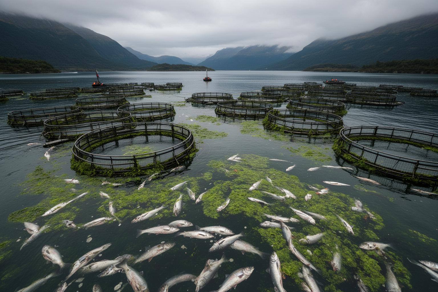 Mortandad de salmones en Chile por algas: granja acuícola en la Patagonia con algas visibles en el agua.