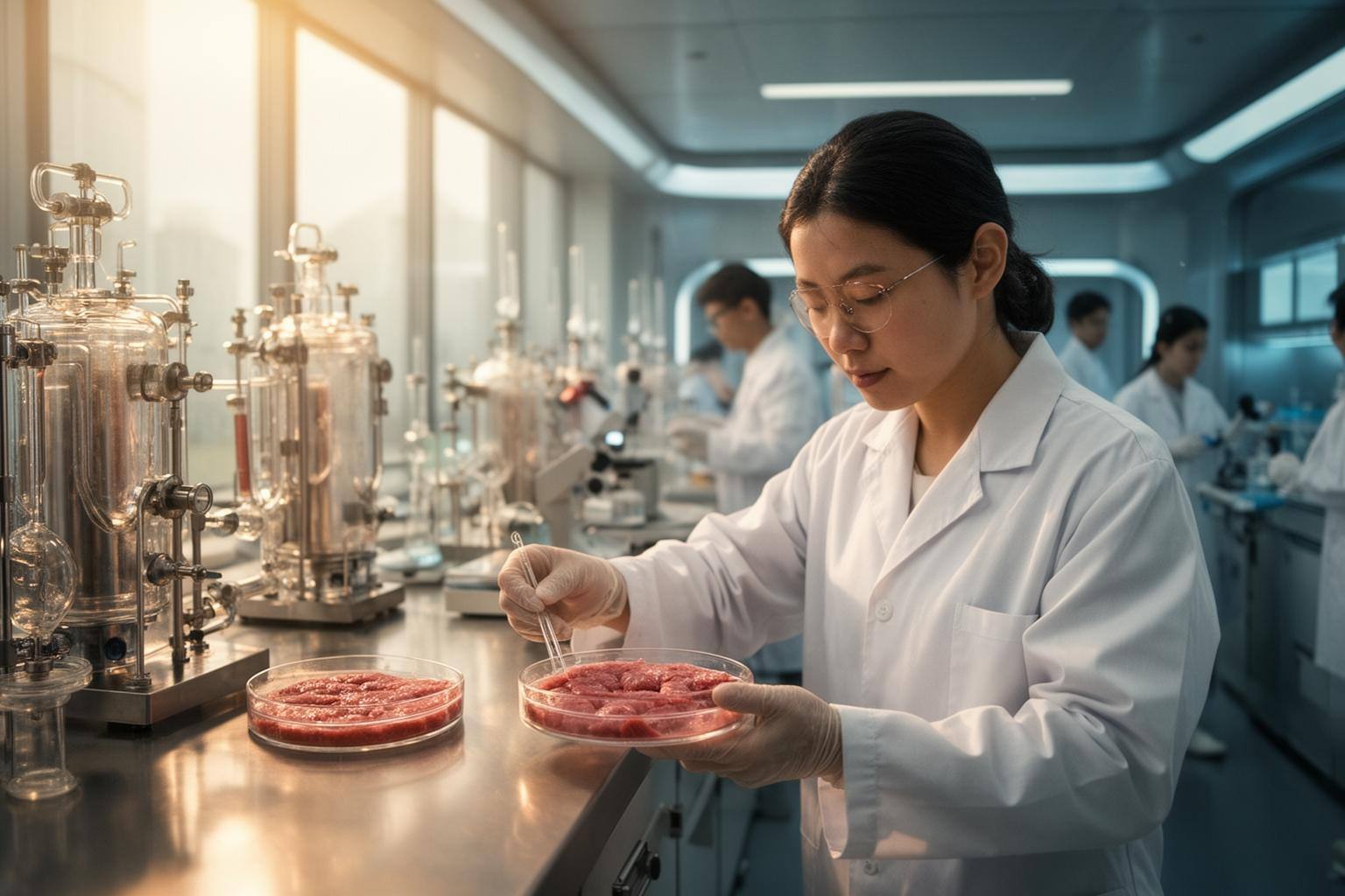 Laboratorio de carne cultivada en Singapur, investigadores examinan muestras en placas de Petri