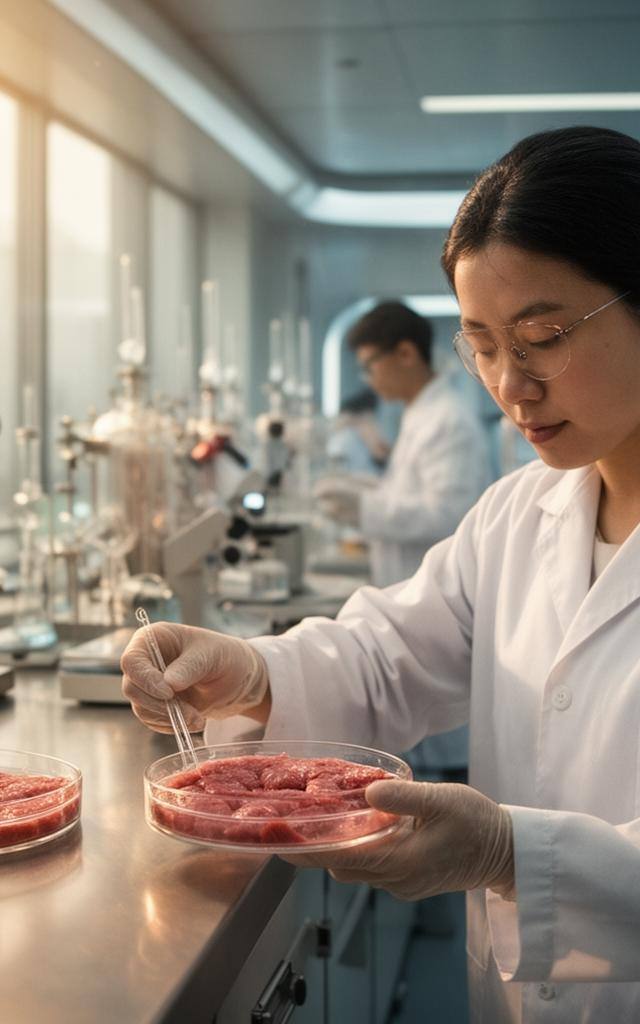 Laboratorio de carne cultivada en Singapur, investigadores examinan muestras en placas de Petri